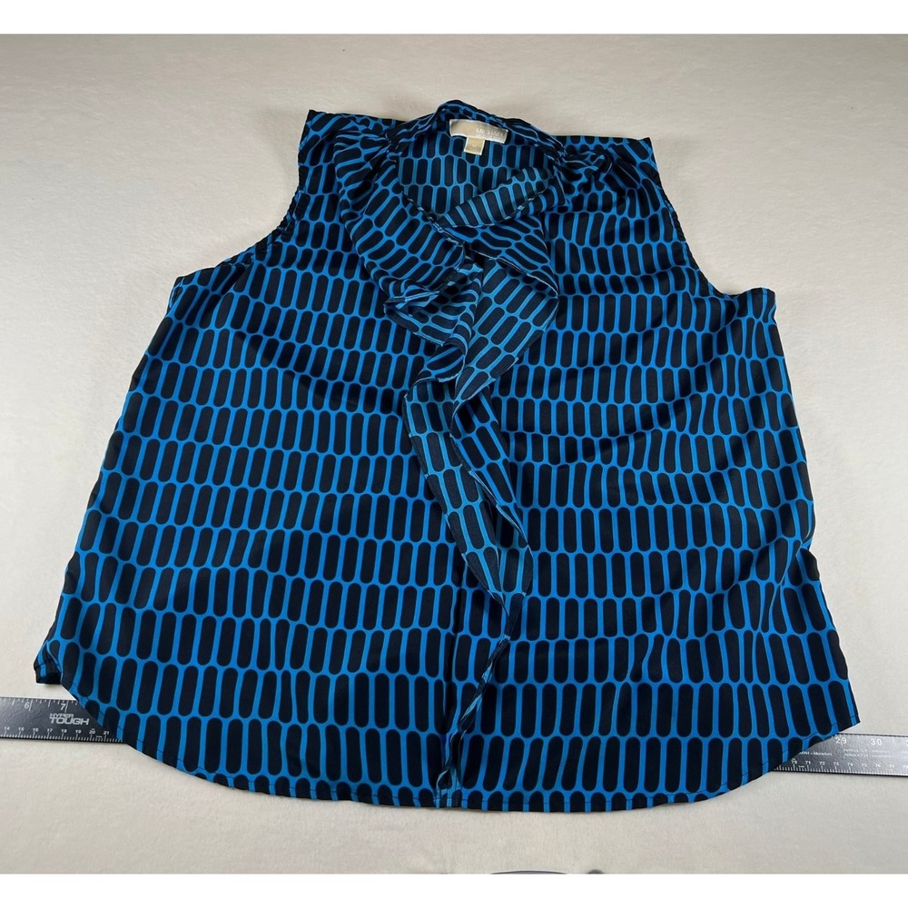Michael Kors Blouse Womens XL Blue Black Geometric Ruffle Sleeveless Top